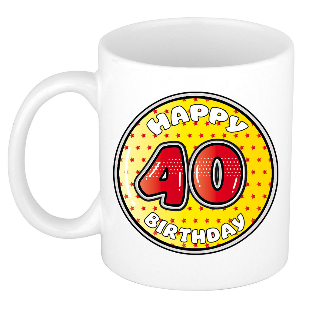 Verjaardag cadeau mok - 40 jaar - geel - sterretjes - 300 ml - keramiek -