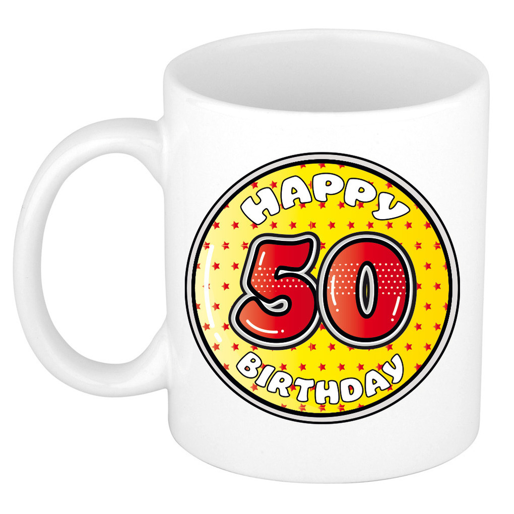 Verjaardag cadeau mok - 50 jaar - geel - sterretjes - 300 ml - keramiek - Abraham/Sarah -