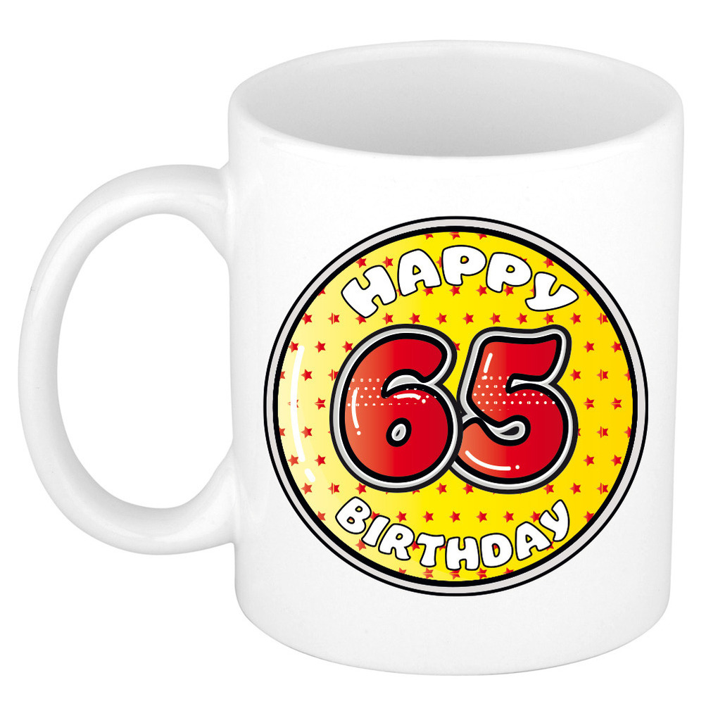 Verjaardag cadeau mok - 65 jaar - geel - sterretjes - 300 ml - keramiek -