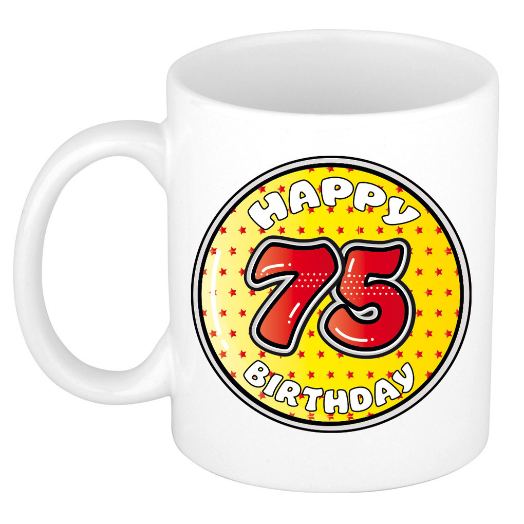 Verjaardag cadeau mok - 75 jaar - geel - sterretjes - 300 ml - keramiek -