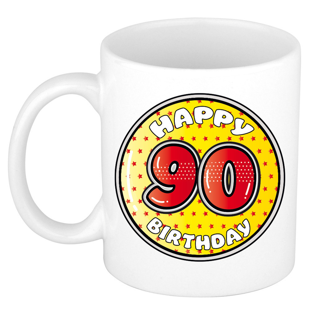 Verjaardag cadeau mok - 90 jaar - geel - sterretjes - 300 ml - keramiek -
