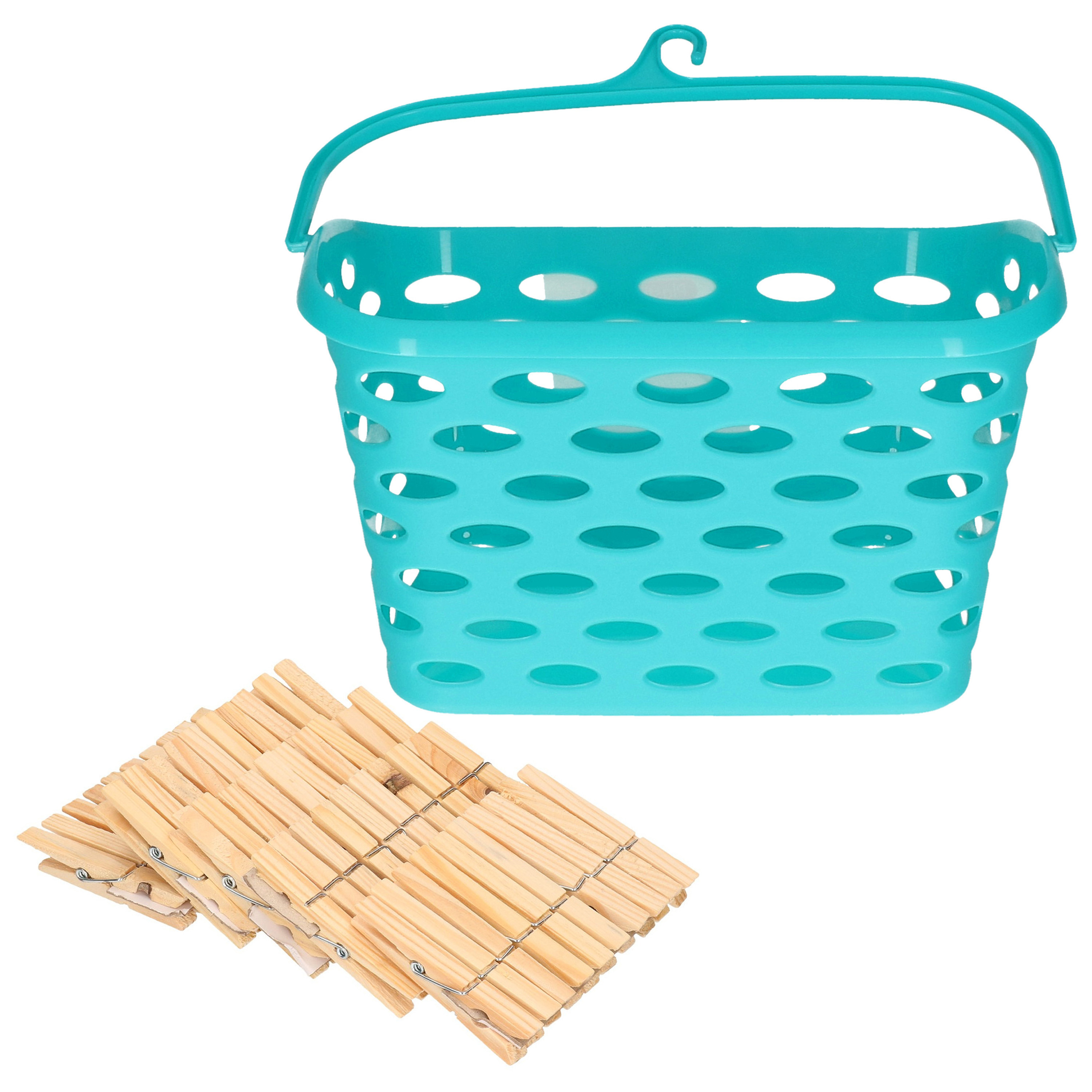 Wasknijpersmandje met haak - blauw - en 100x houten wasknijpers 7 cm -