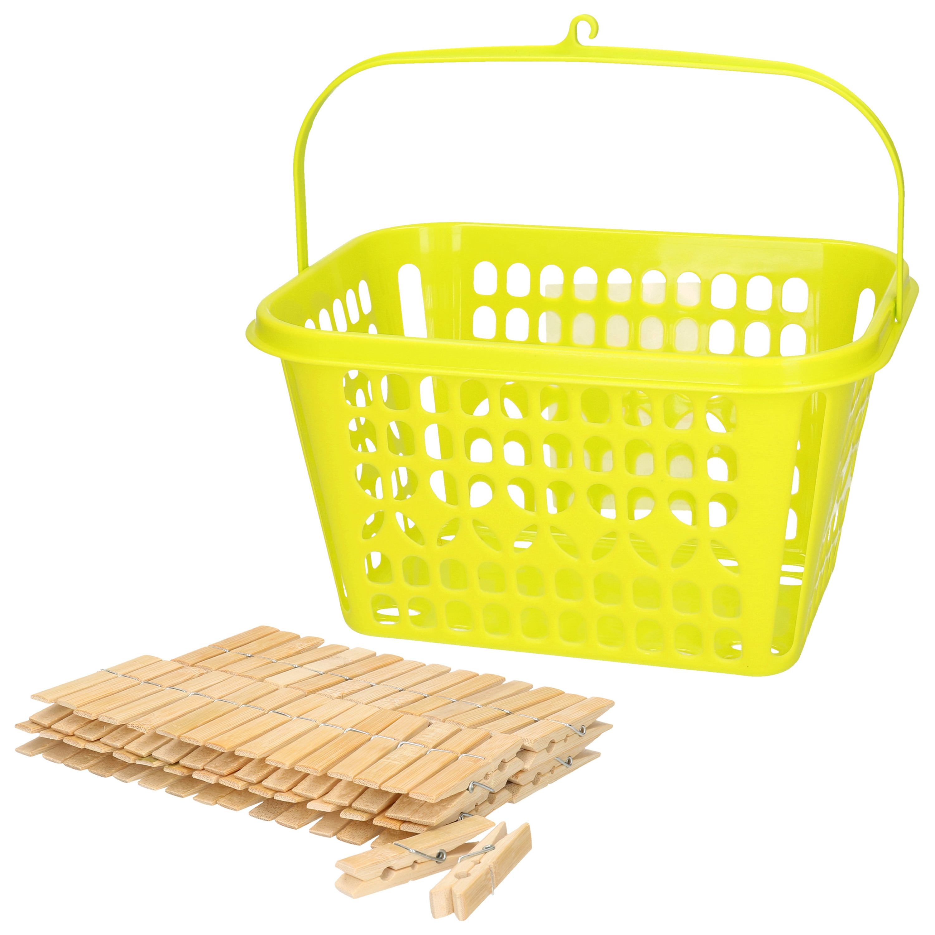 Wasknijpersmandje met haak - groen - en 120x houten wasknijpers 7 cm -