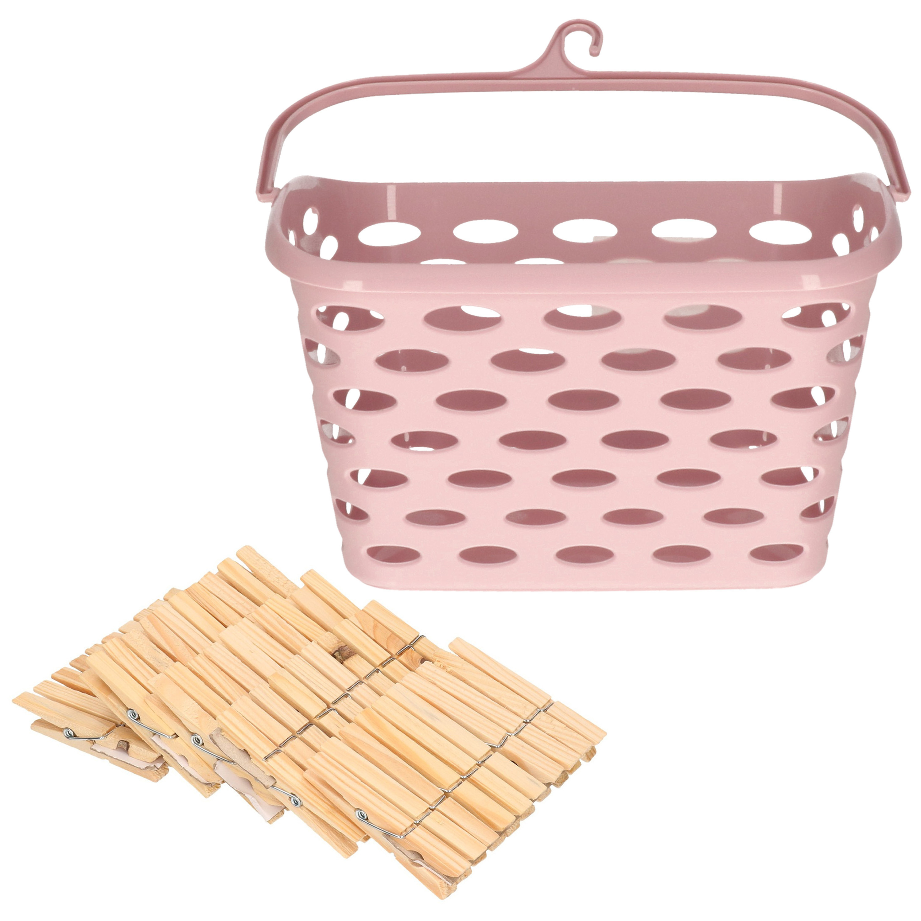 Wasknijpersmandje met haak - roze - en 100x houten wasknijpers 7 cm -