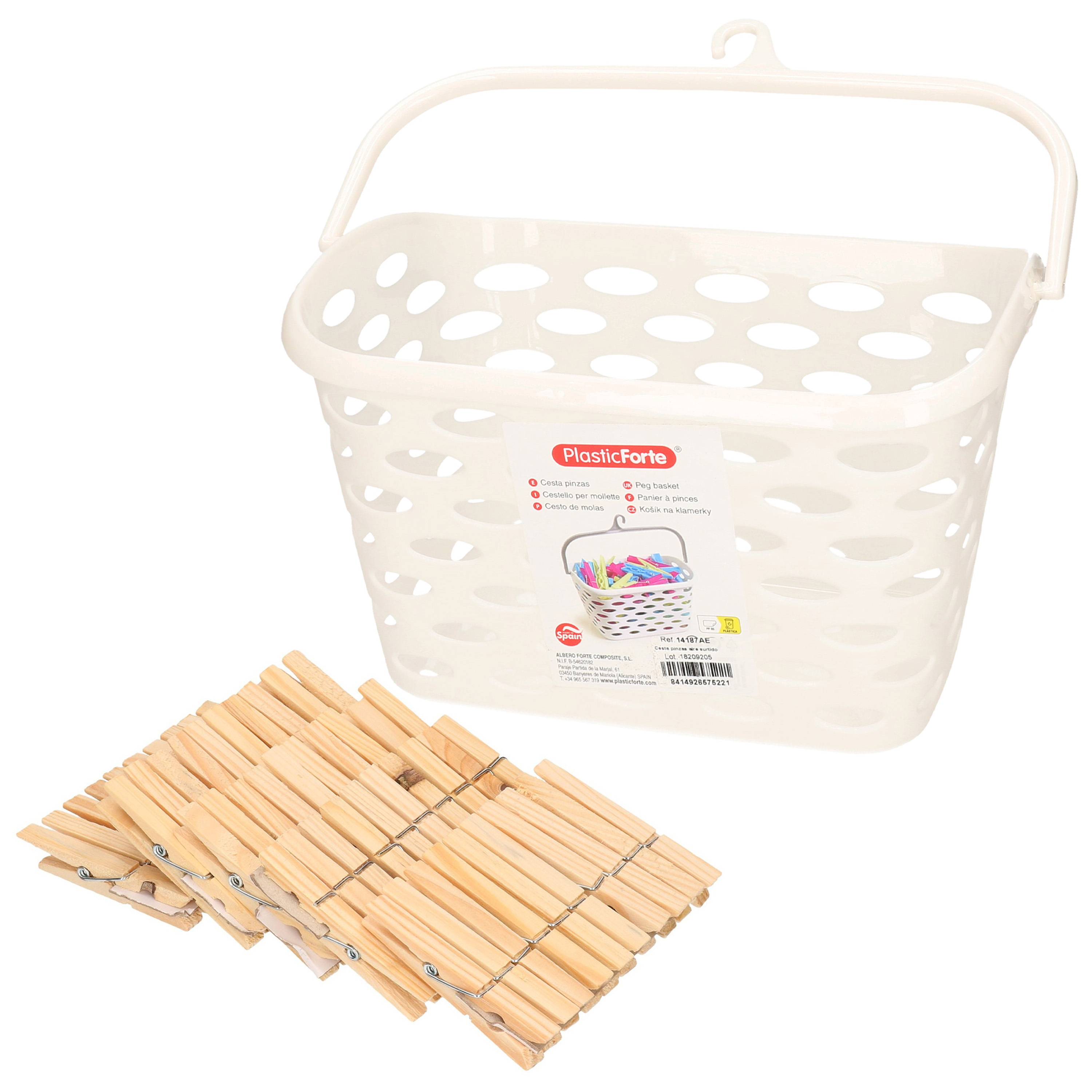 Wasknijpersmandje met haak - creme wit - en 100x houten wasknijpers 7 cm -