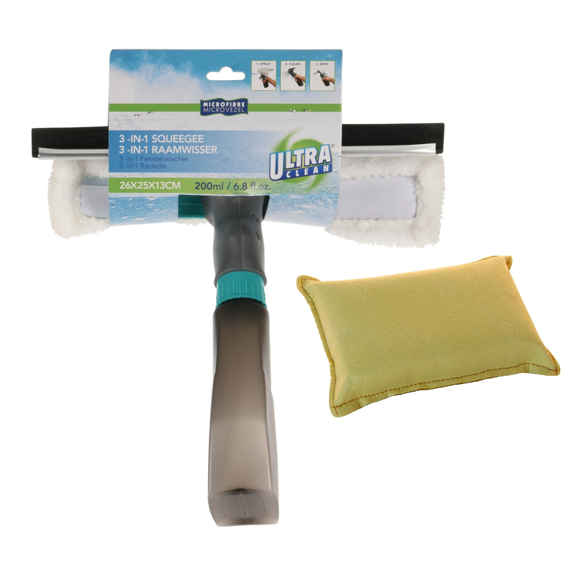 Raamwisser/Raamtrekker met zeemspons - 3 in 1 - zwart - kunststof - 26 cm -