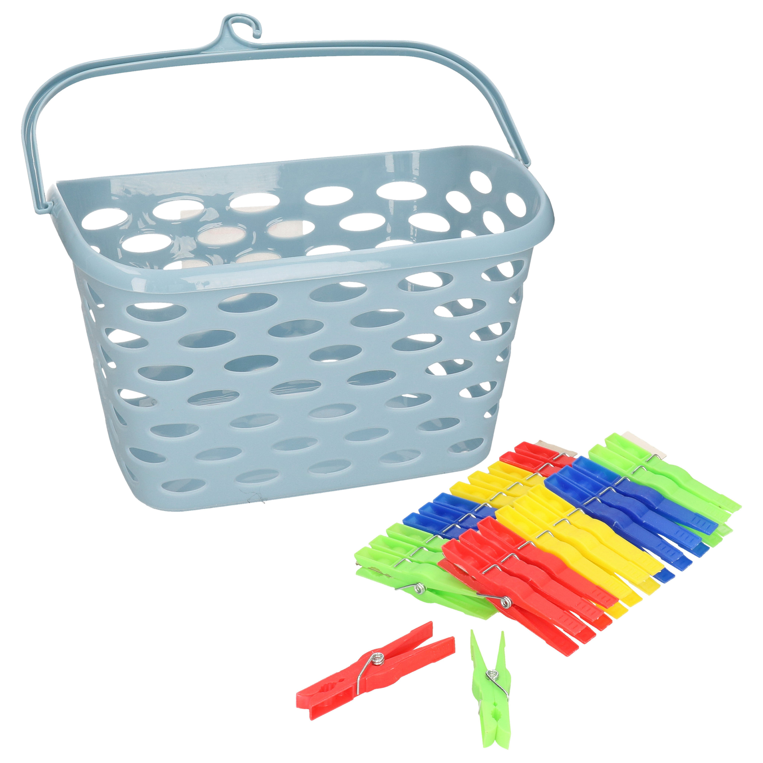 Wasknijpers ophang mandje/bakje - ijsblauw - met 72x plastic knijpers -