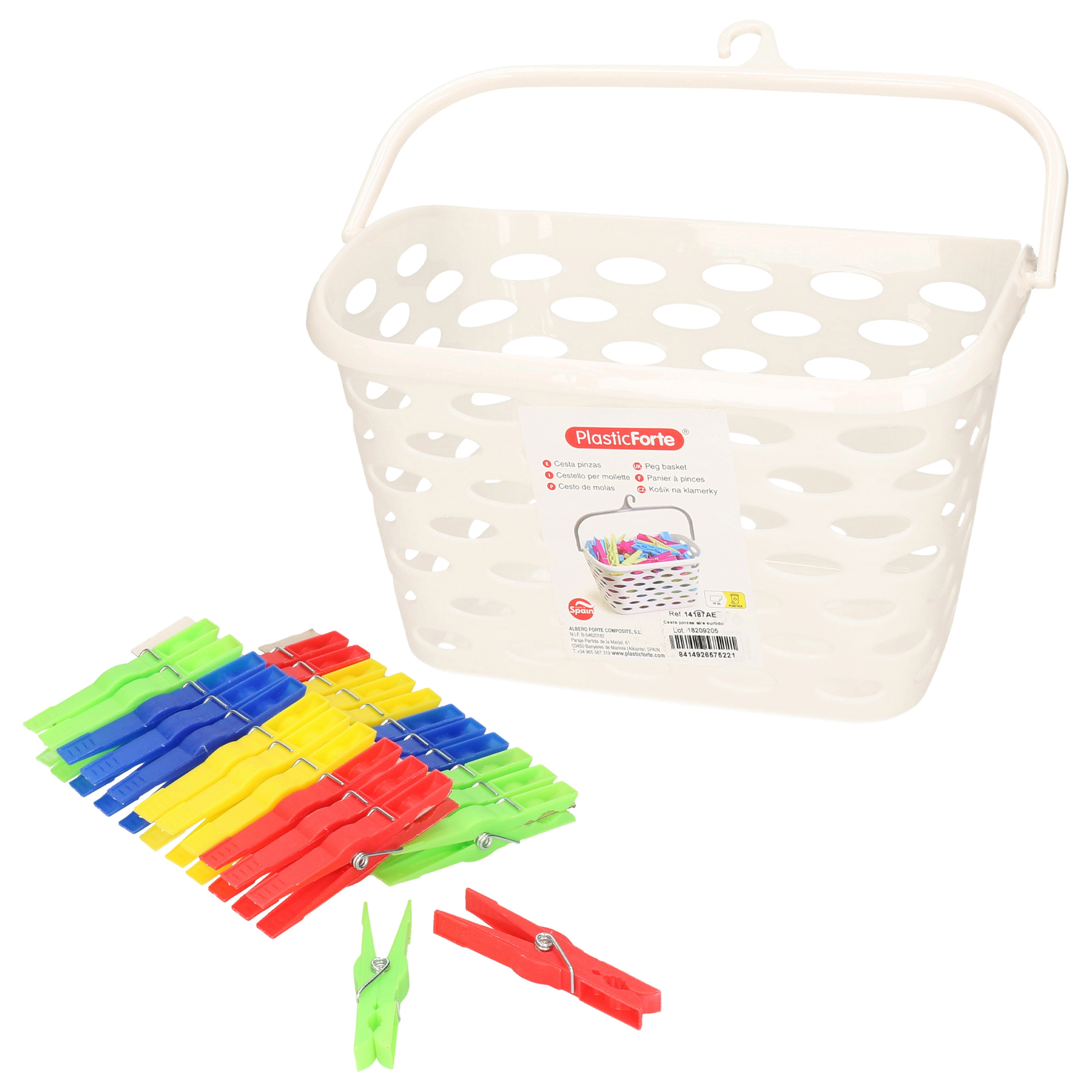 Wasknijpers ophang mandje/bakje - creme wit - met 72x plastic knijpers -