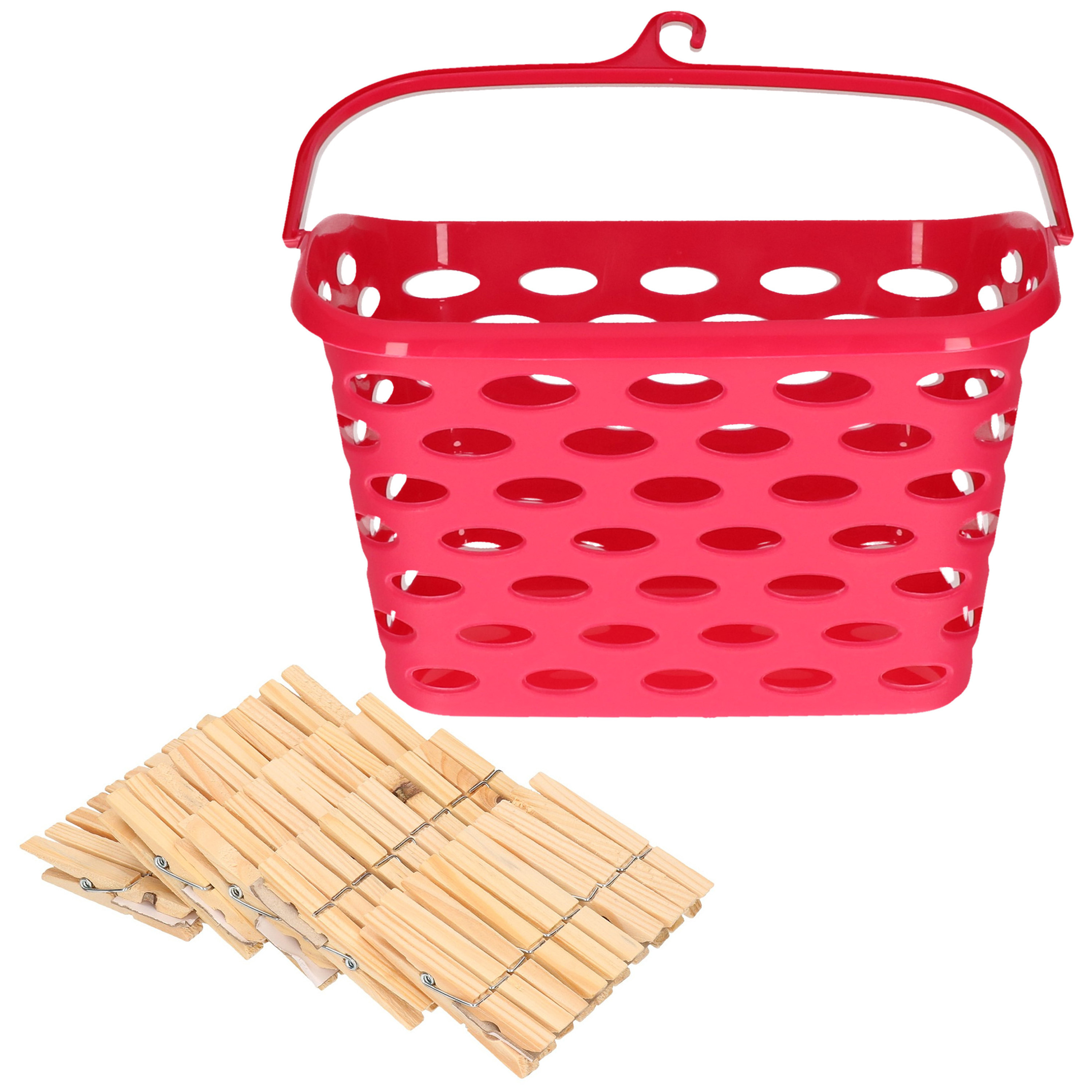 Wasknijpersmandje met haak - fuchsia roze - en 100x houten wasknijpers 7 cm -