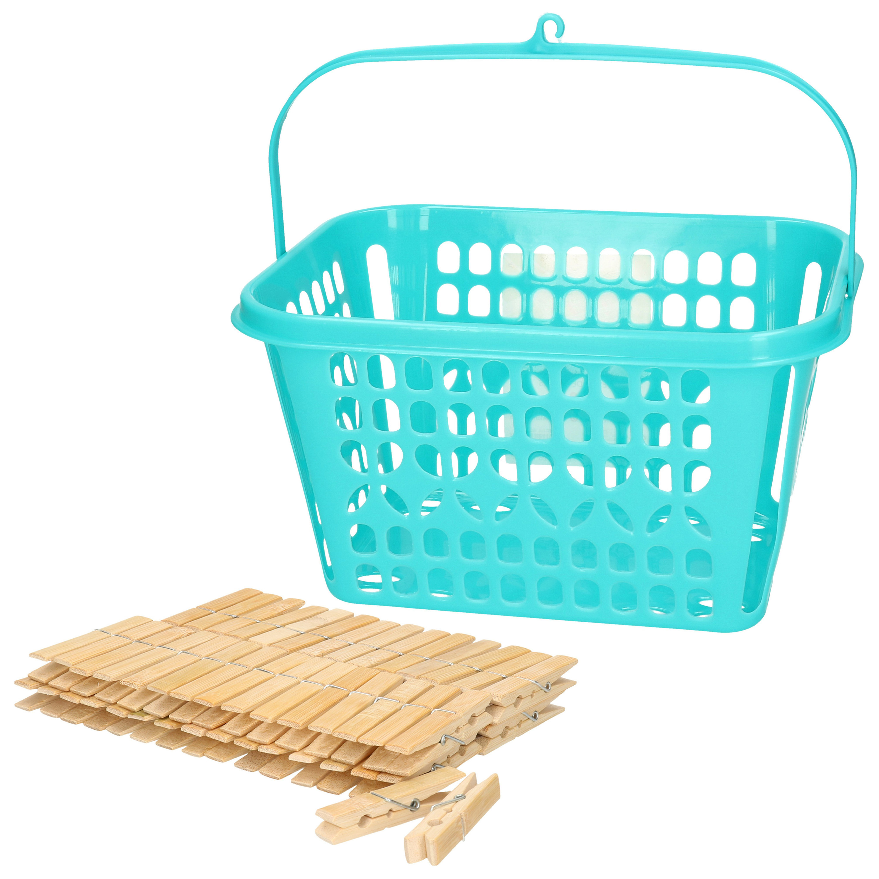 Wasknijpersmandje met haak - blauw - en 120x houten wasknijpers 7 cm -