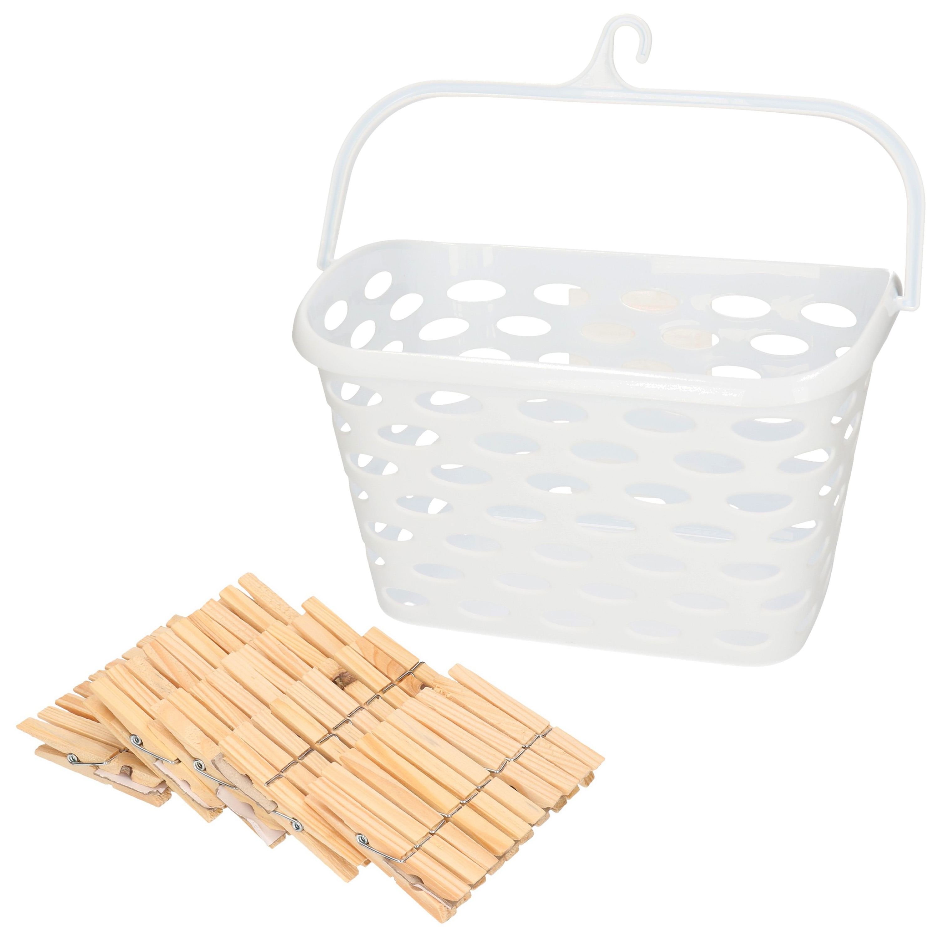 Wasknijpersmandje met haak - wit - en 100x houten wasknijpers 7 cm -