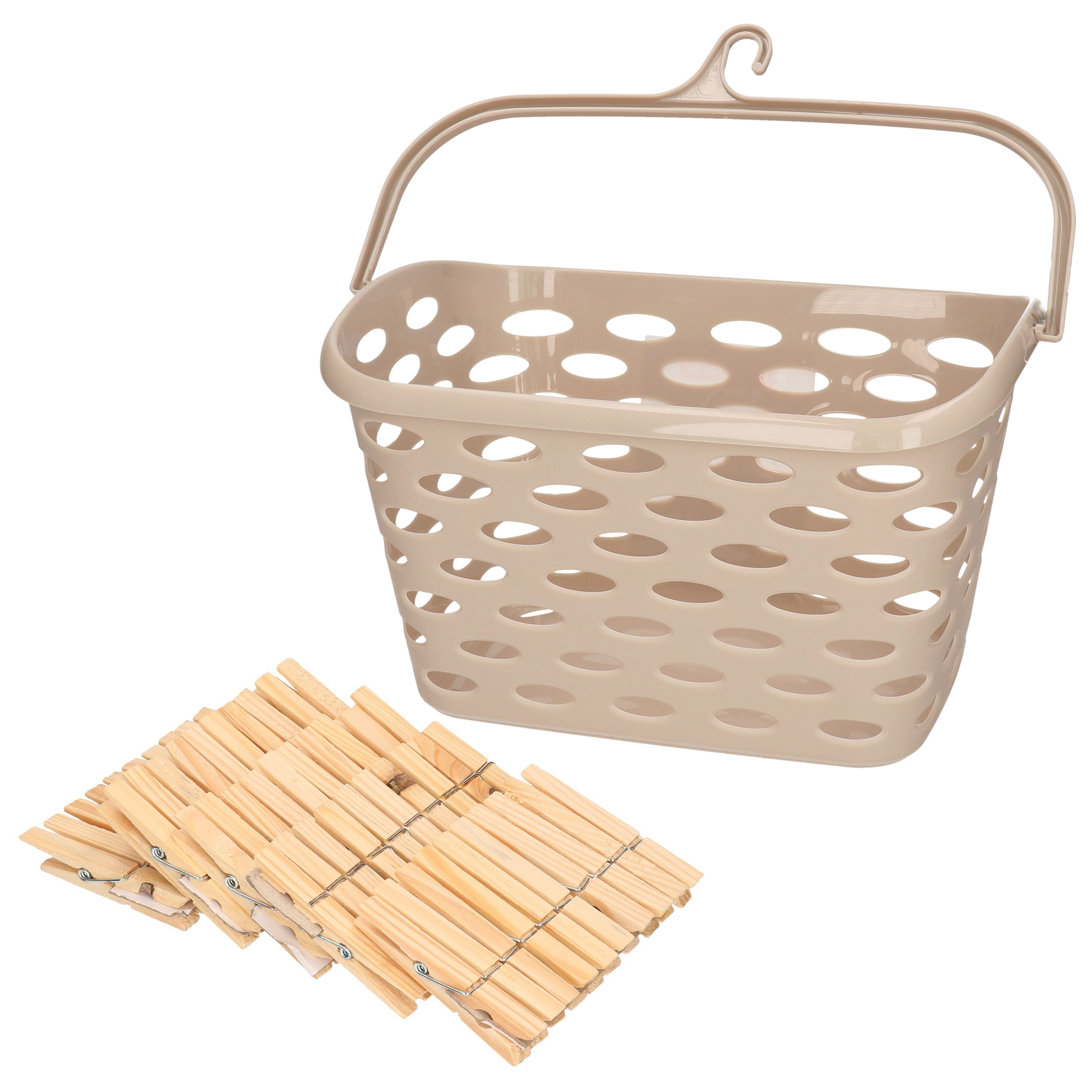 Wasknijpersmandje met haak - beige - en 100x houten wasknijpers 7 cm -