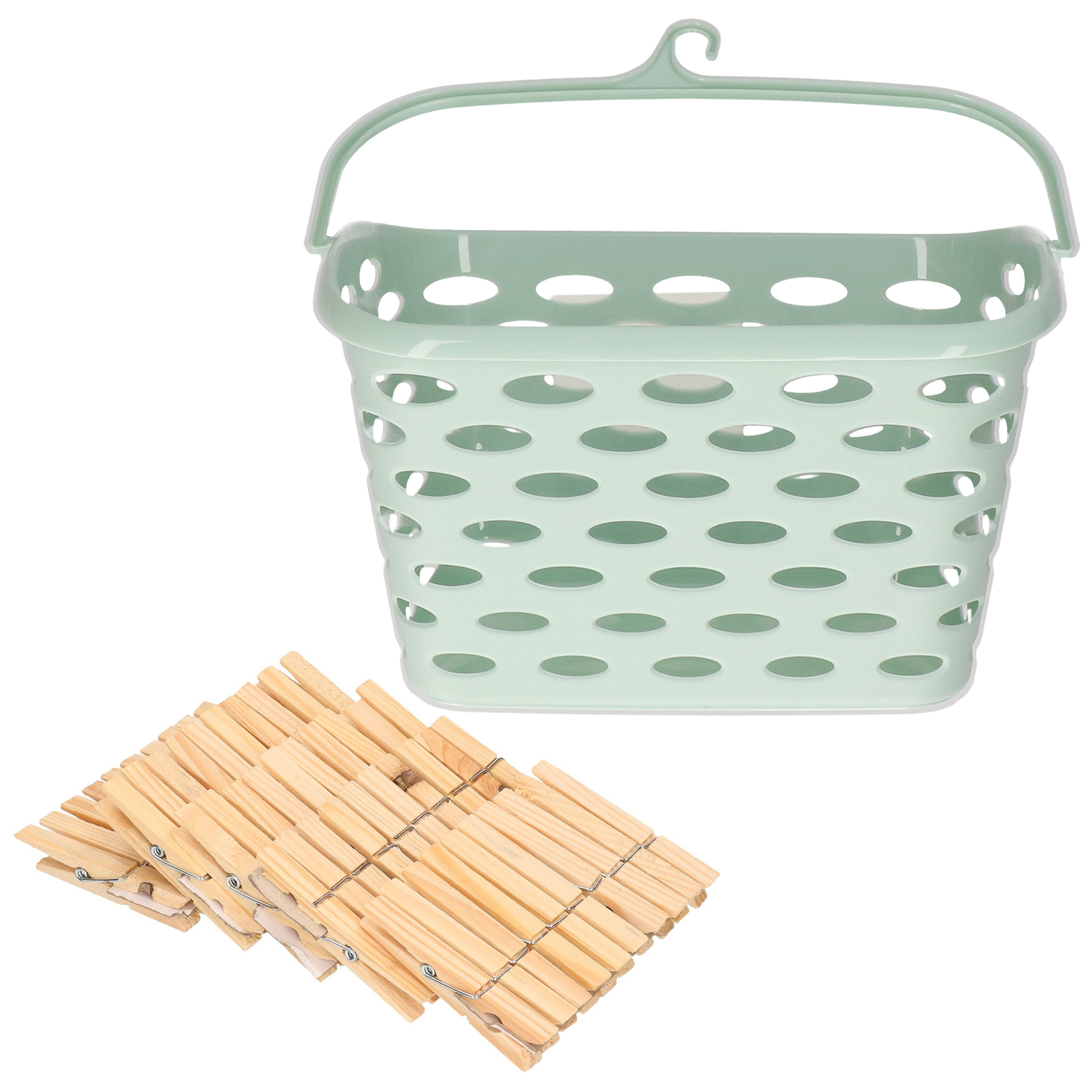 Wasknijpersmandje met haak - mintgroen - en 100x houten wasknijpers 7 cm -