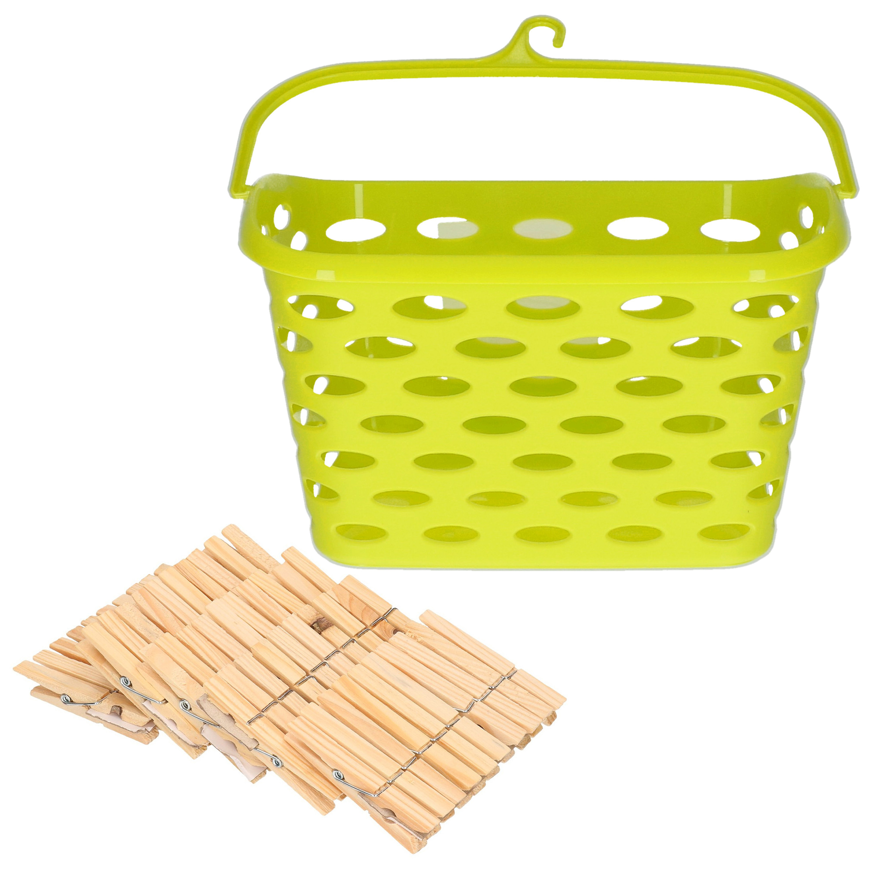 Wasknijpersmandje met haak - groen - en 100x houten wasknijpers 7 cm -