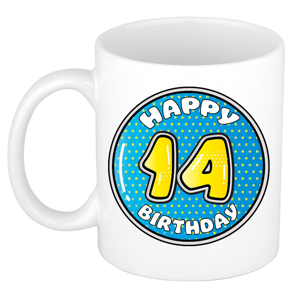 Verjaardag cadeau mok - 14 jaar - blauw - 300 ml - keramiek -