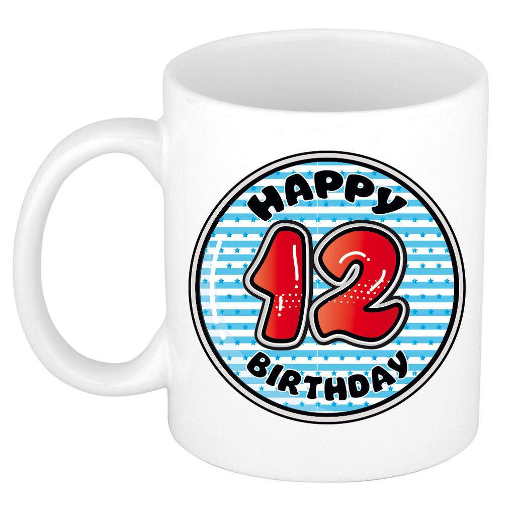 Verjaardag cadeau mok - 12 jaar - blauw - gestreept - 300 ml - keramiek -