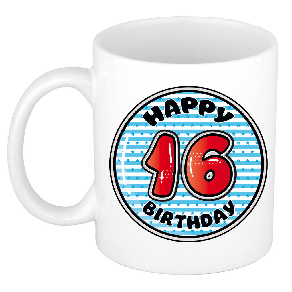 Verjaardag cadeau mok - 16 jaar - blauw - gestreept - 300 ml - keramiek -