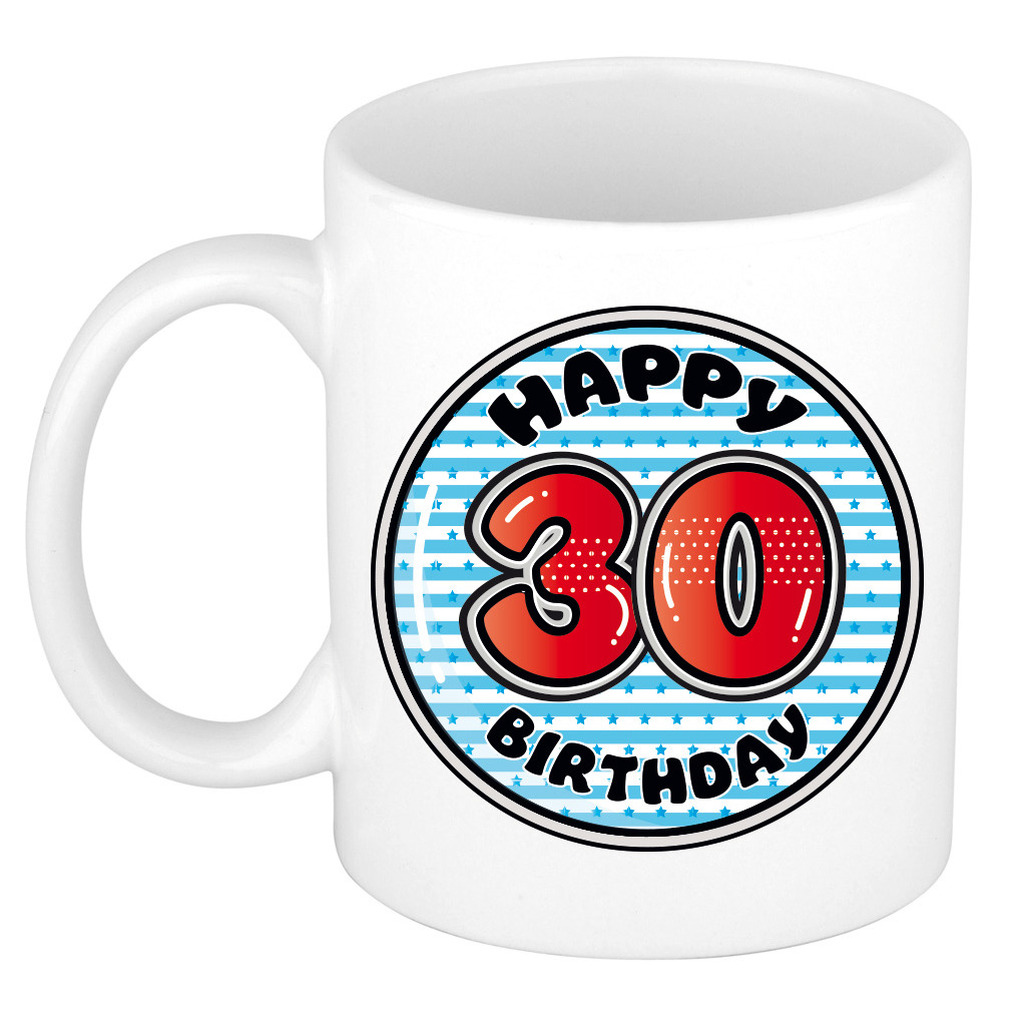 Verjaardag cadeau mok - 30 jaar - blauw - gestreept - 300 ml - keramiek -