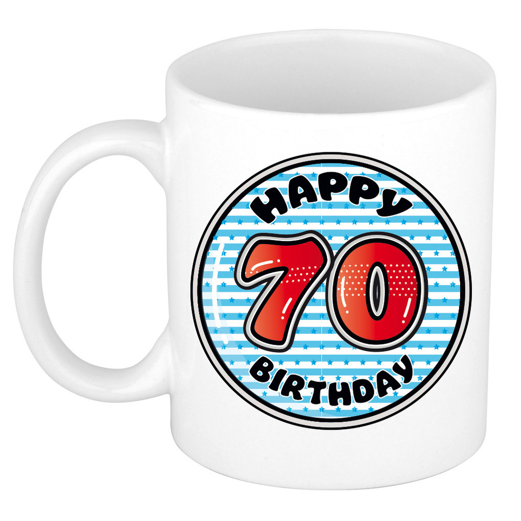 Verjaardag cadeau mok - 70 jaar - blauw - gestreept - 300 ml - keramiek -