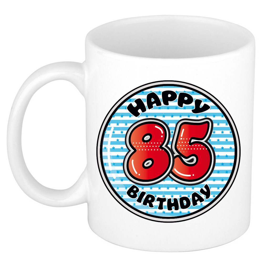 Verjaardag cadeau mok - 85 jaar - blauw - gestreept - 300 ml - keramiek -