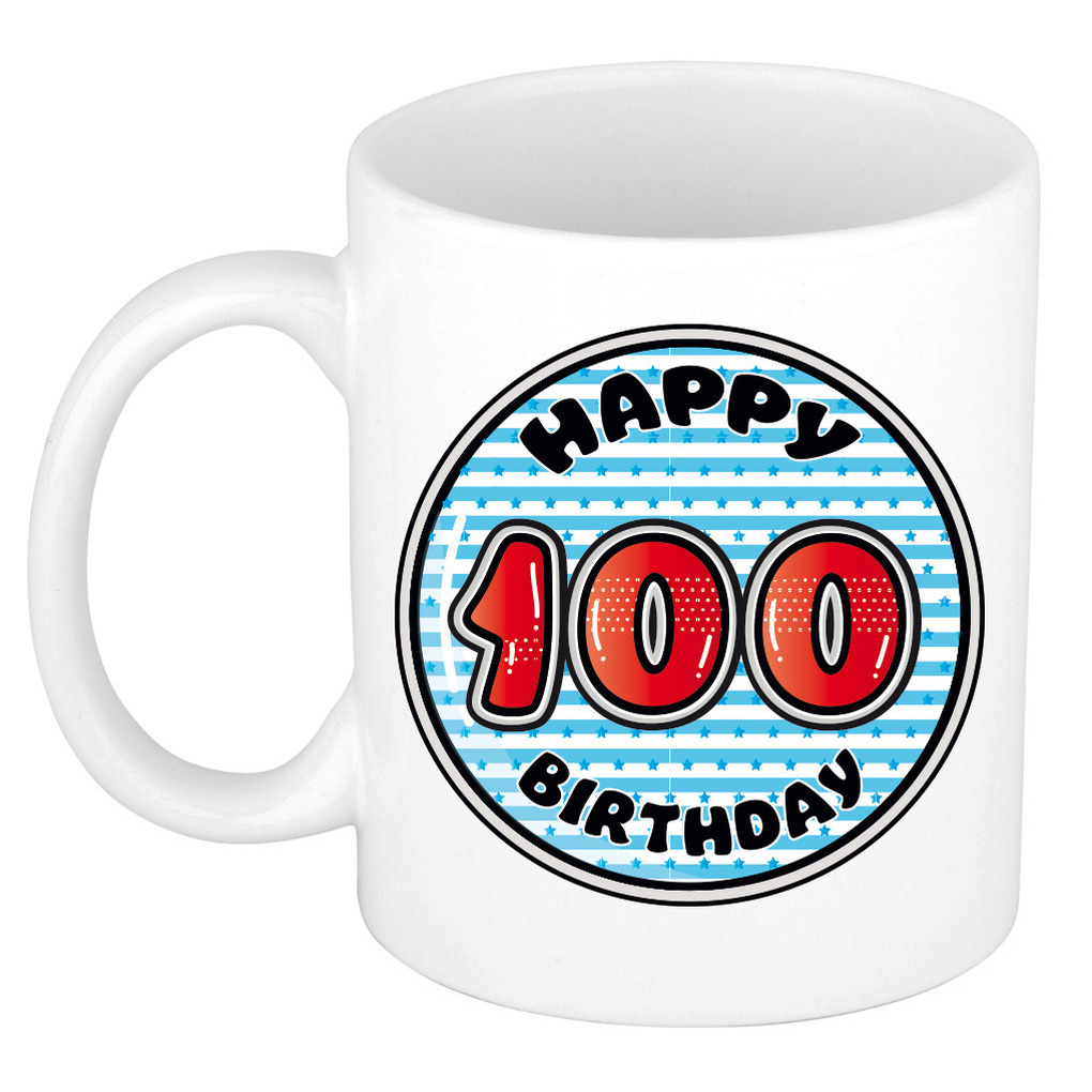 Verjaardag cadeau mok - 100 jaar - blauw - gestreept - 300 ml - keramiek -
