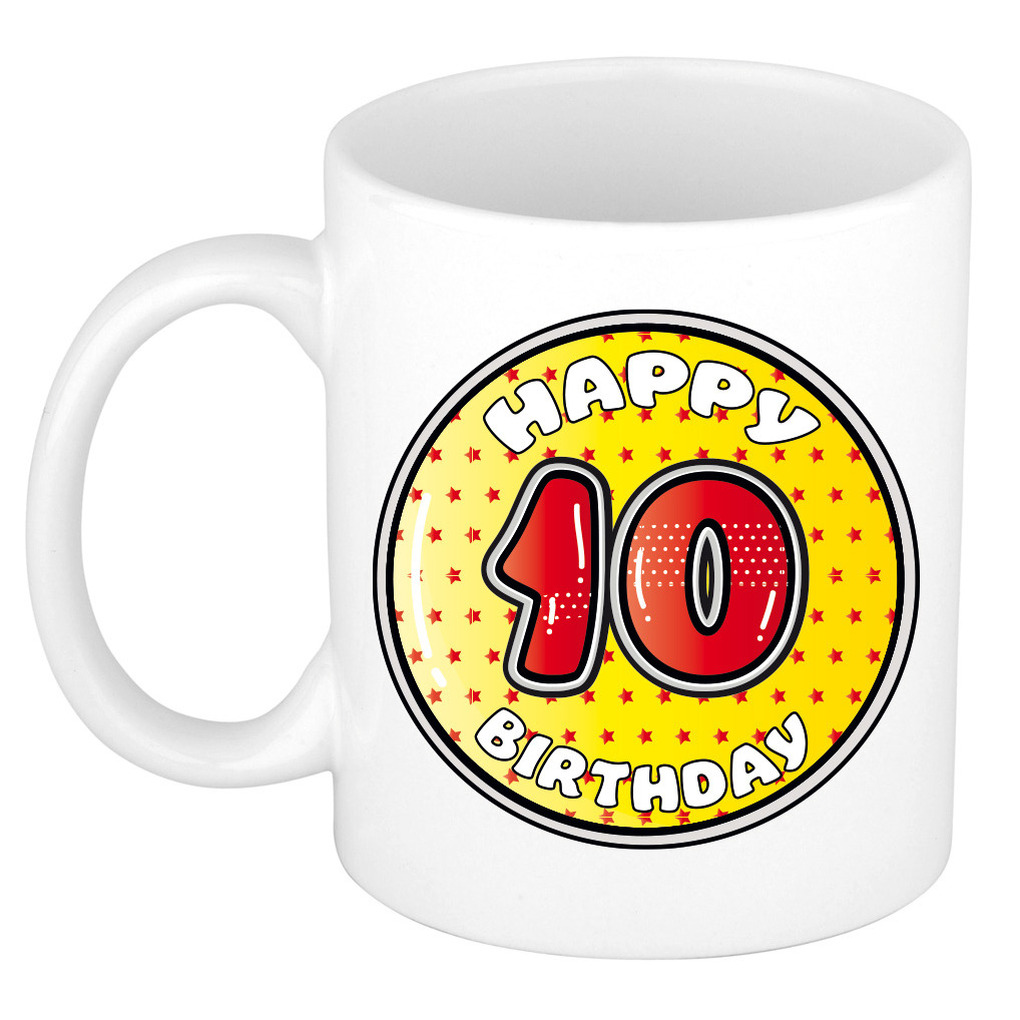 Verjaardag cadeau mok - 10 jaar - geel - sterretjes - 300 ml - keramiek -