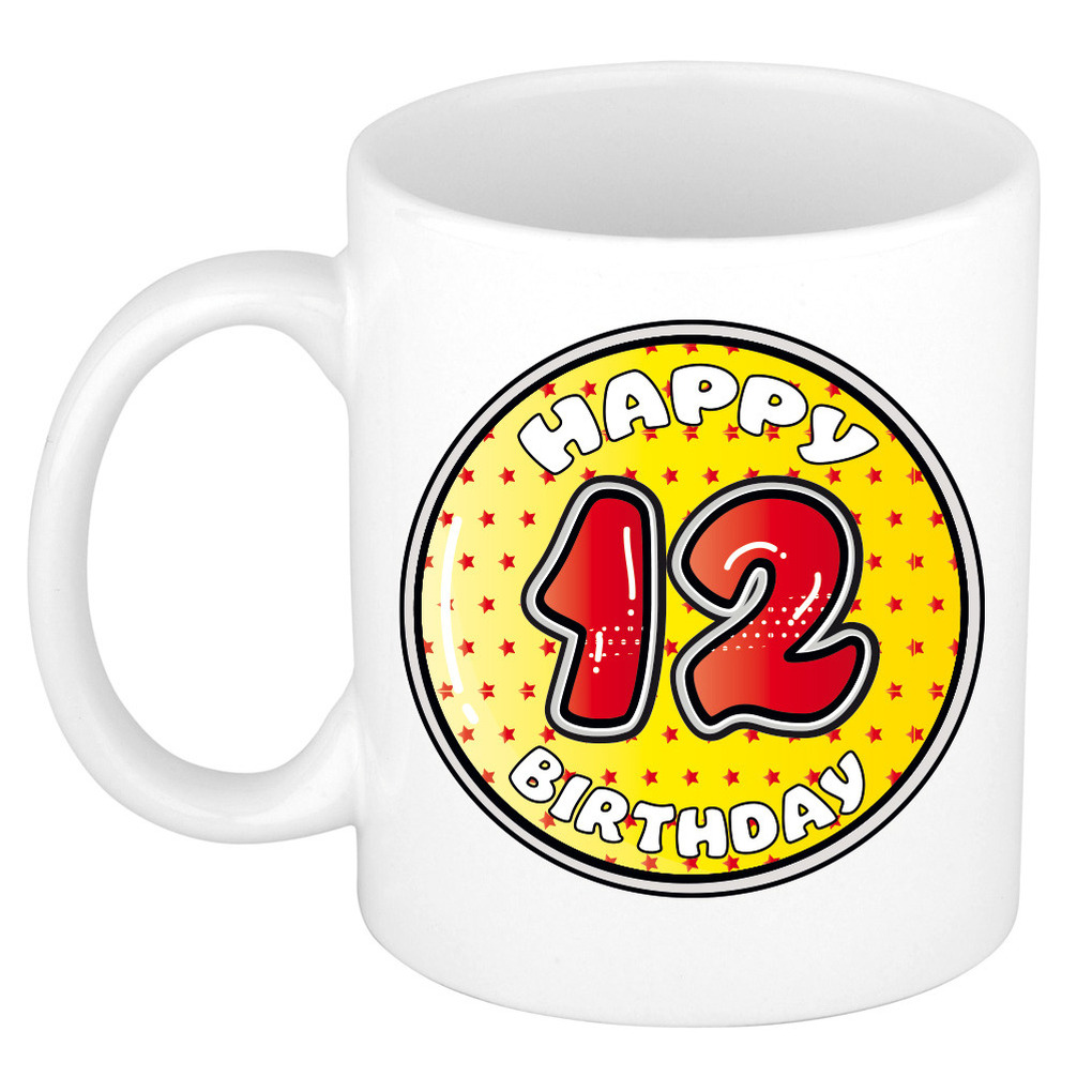 Verjaardag cadeau mok - 12 jaar - geel - sterretjes - 300 ml - keramiek -