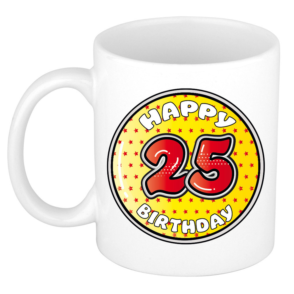 Verjaardag cadeau mok - 25 jaar - geel - sterretjes - 300 ml - keramiek -