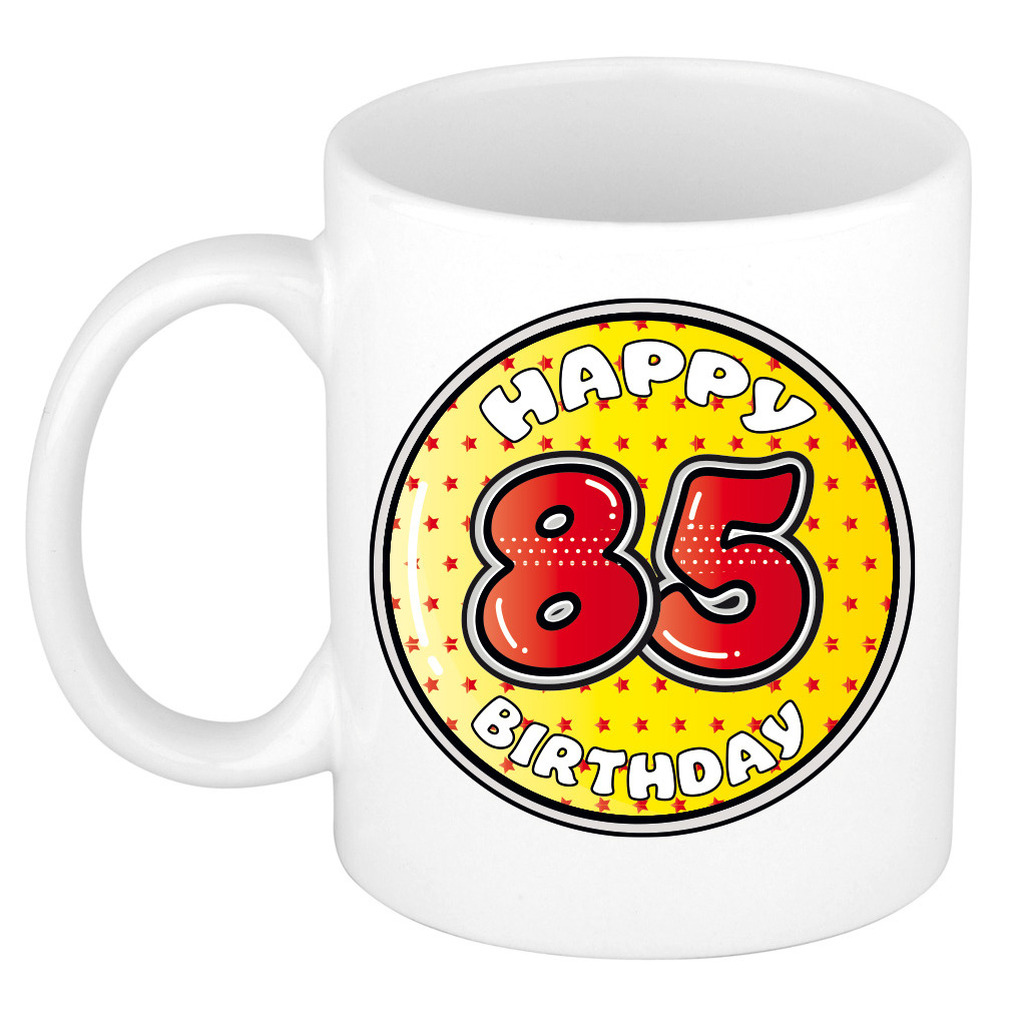 Verjaardag cadeau mok - 85 jaar - geel - sterretjes - 300 ml - keramiek -