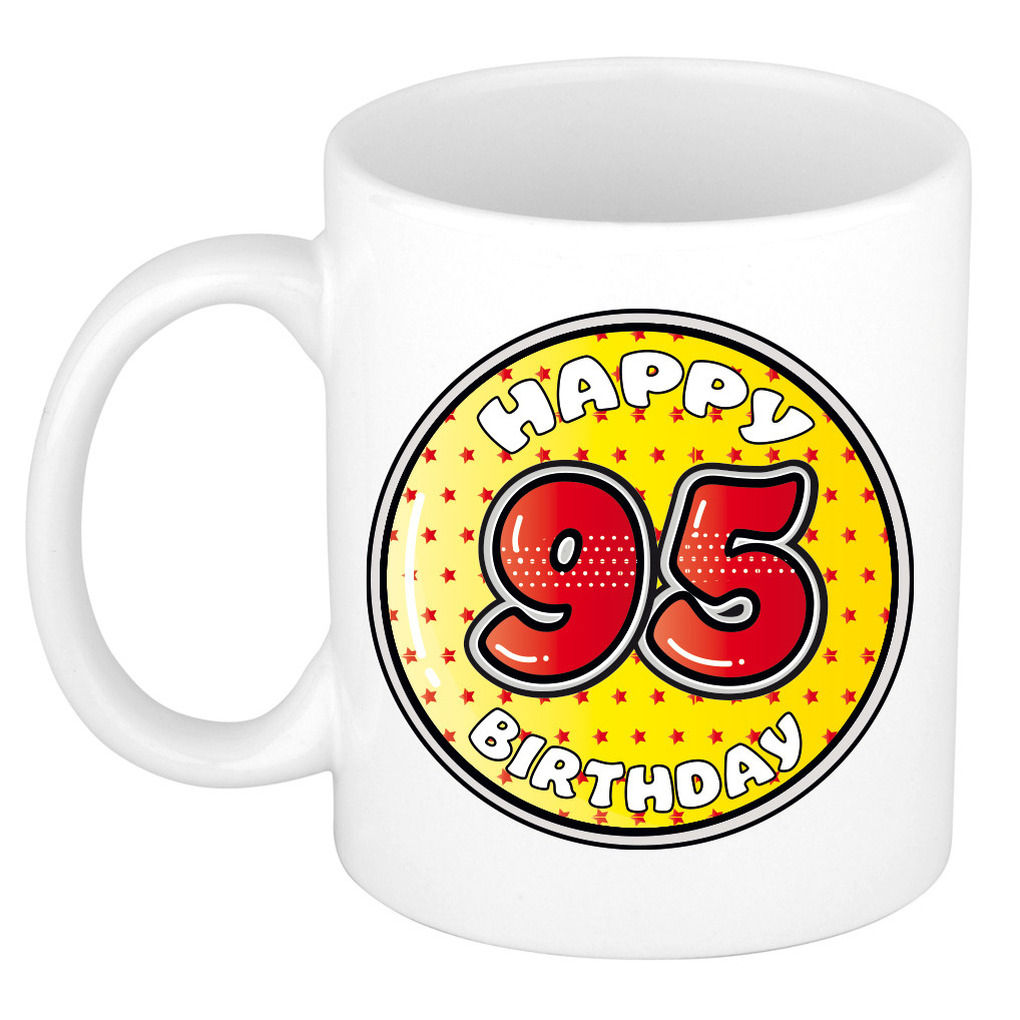 Verjaardag cadeau mok - 95 jaar - geel - sterretjes - 300 ml - keramiek -
