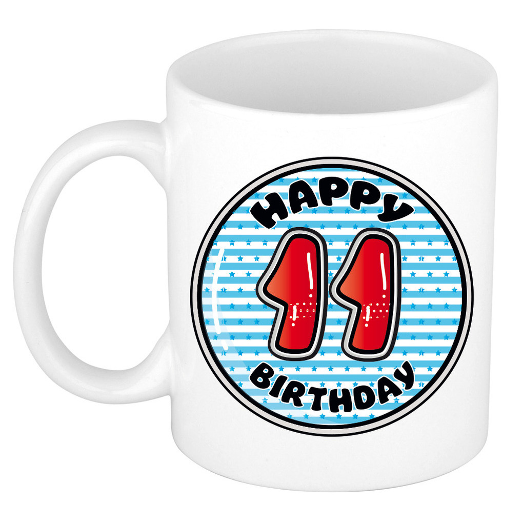 Verjaardag cadeau mok - 11 jaar - blauw - gestreept - 300 ml - keramiek -