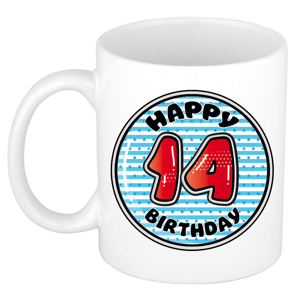 Verjaardag cadeau mok - 14 jaar - blauw - gestreept - 300 ml - keramiek -