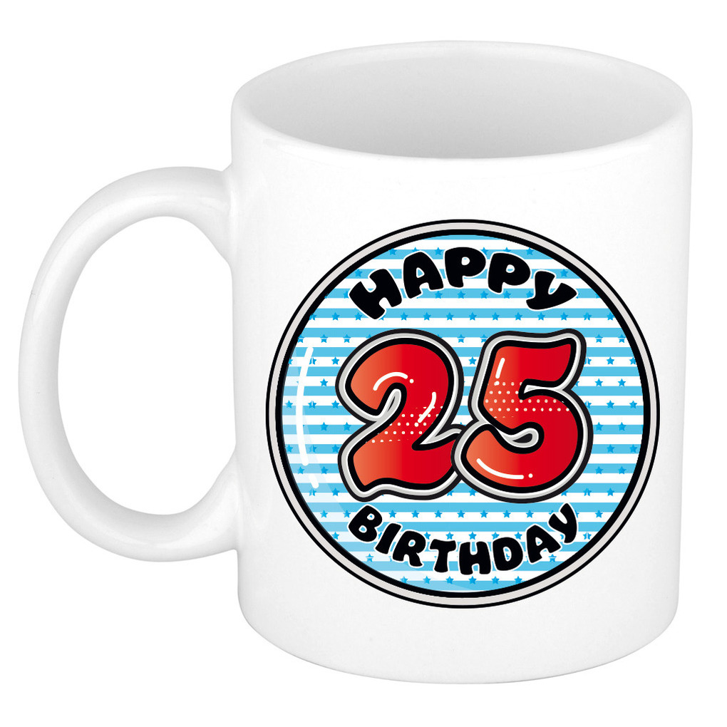 Verjaardag cadeau mok - 25 jaar - blauw - gestreept - 300 ml - keramiek -
