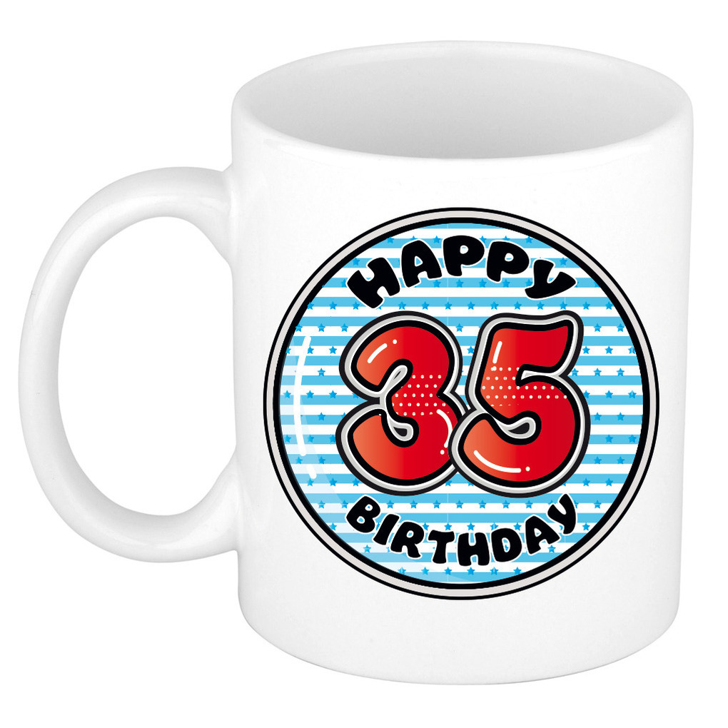 Verjaardag cadeau mok - 35 jaar - blauw - gestreept - 300 ml - keramiek -