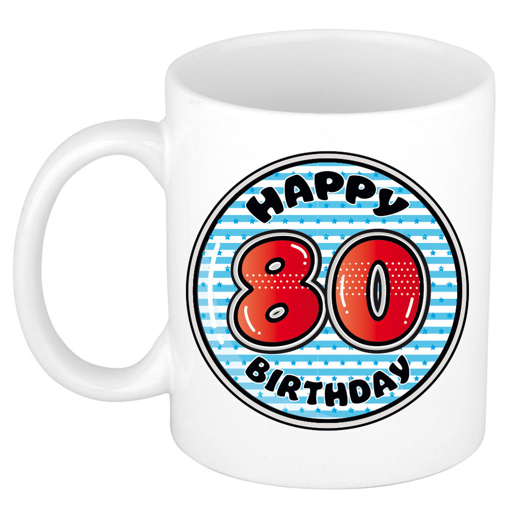 Verjaardag cadeau mok - 80 jaar - blauw - gestreept - 300 ml - keramiek -