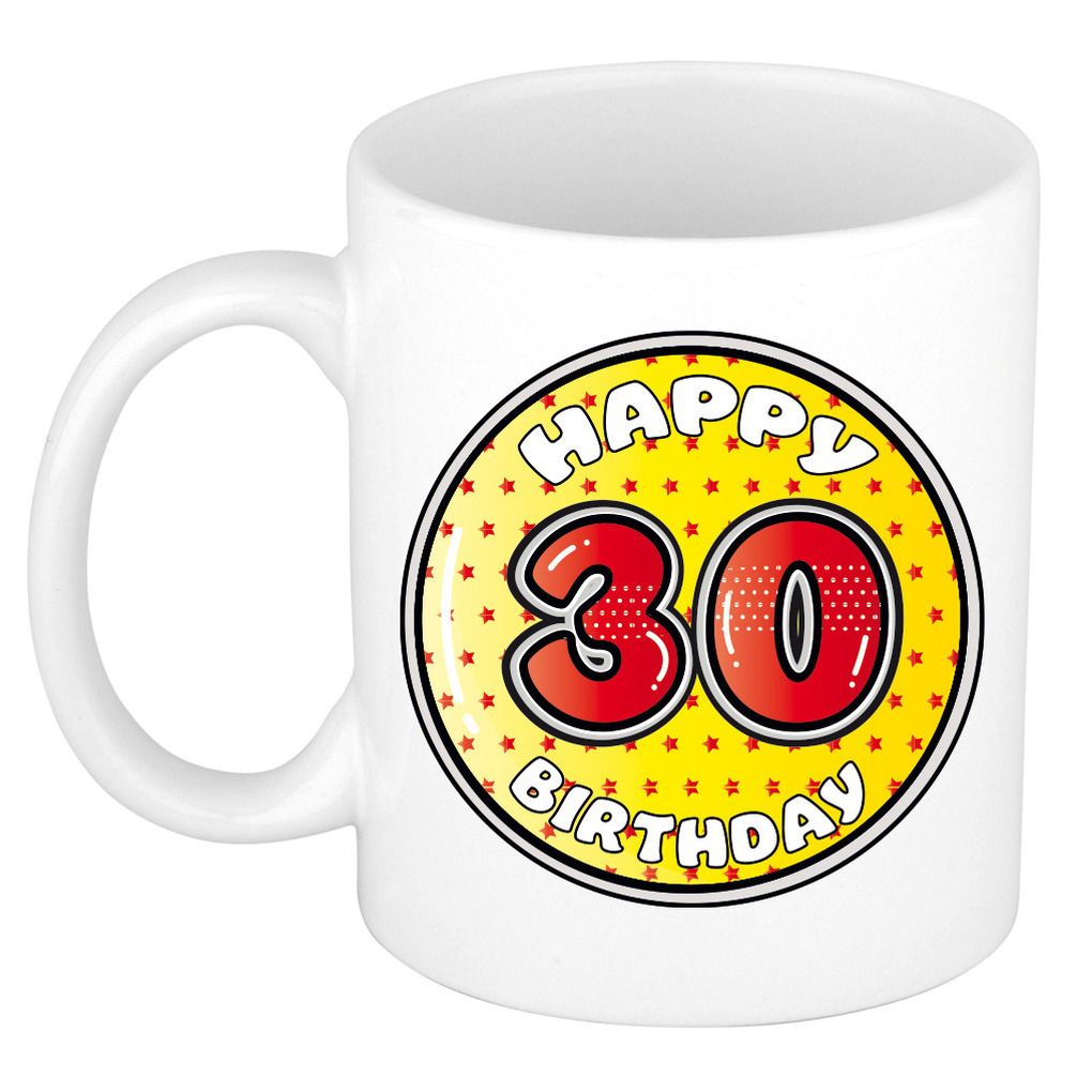 Verjaardag cadeau mok - 30 jaar - geel - sterretjes - 300 ml - keramiek -