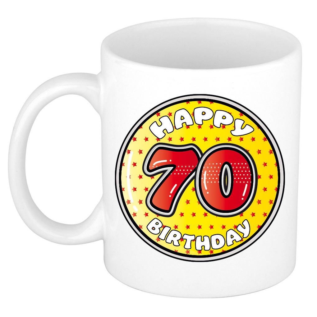 Verjaardag cadeau mok - 70 jaar - geel - sterretjes - 300 ml - keramiek -