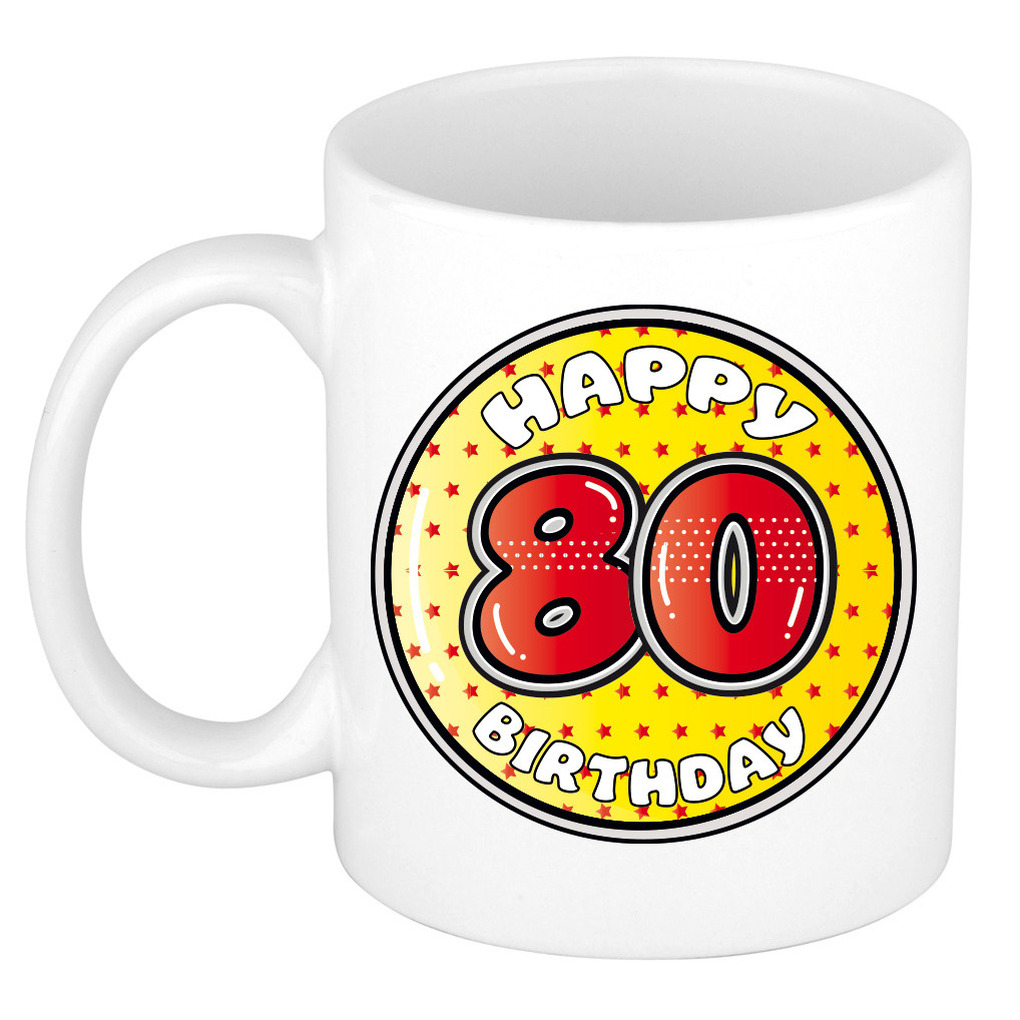 Verjaardag cadeau mok - 80 jaar - geel - sterretjes - 300 ml - keramiek -