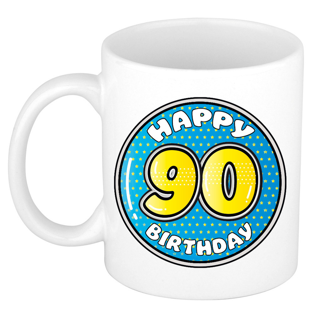 Verjaardag cadeau mok - 90 jaar - blauw - 300 ml - keramiek -