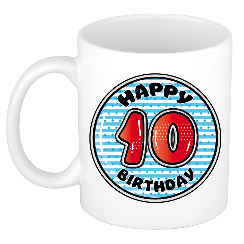 Verjaardag cadeau mok - 10 jaar - blauw - gestreept - 300 ml - keramiek -