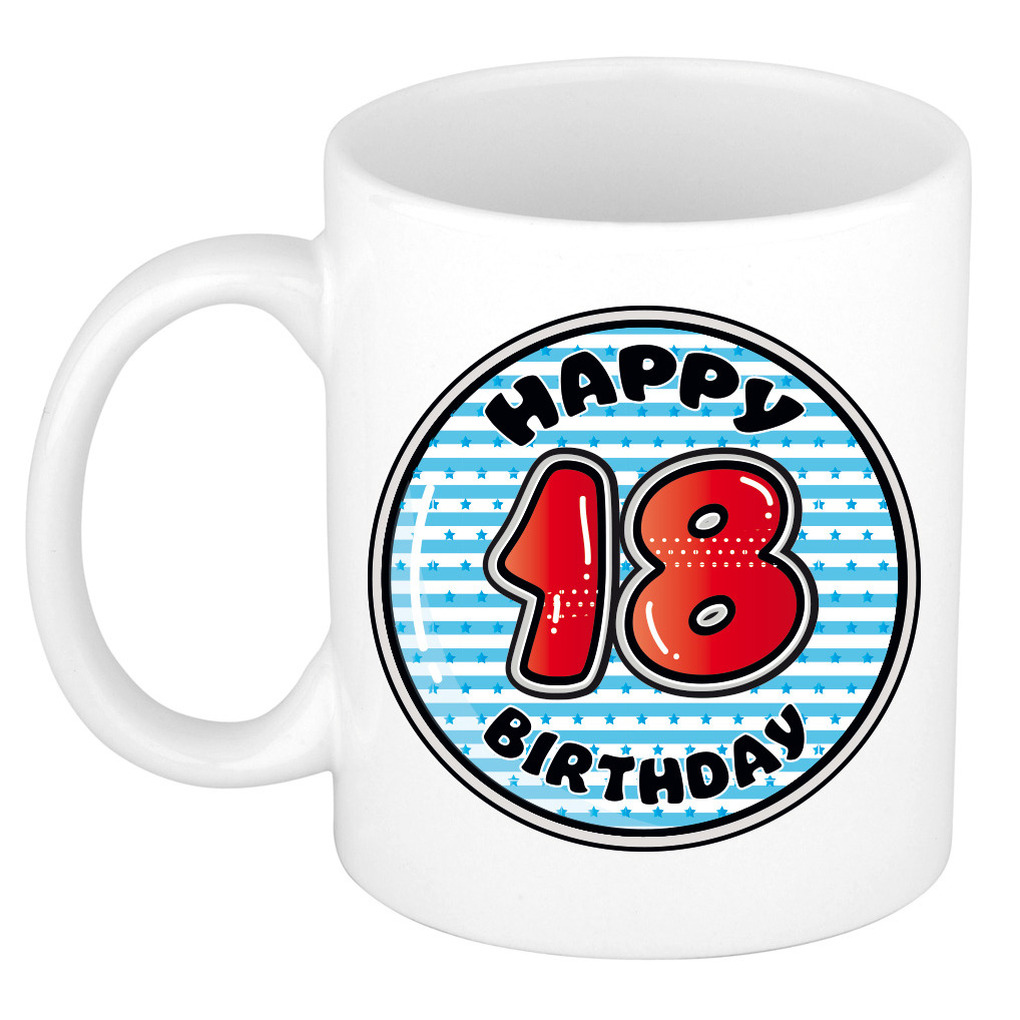 Verjaardag cadeau mok - 18 jaar - blauw - gestreept - 300 ml - keramiek -