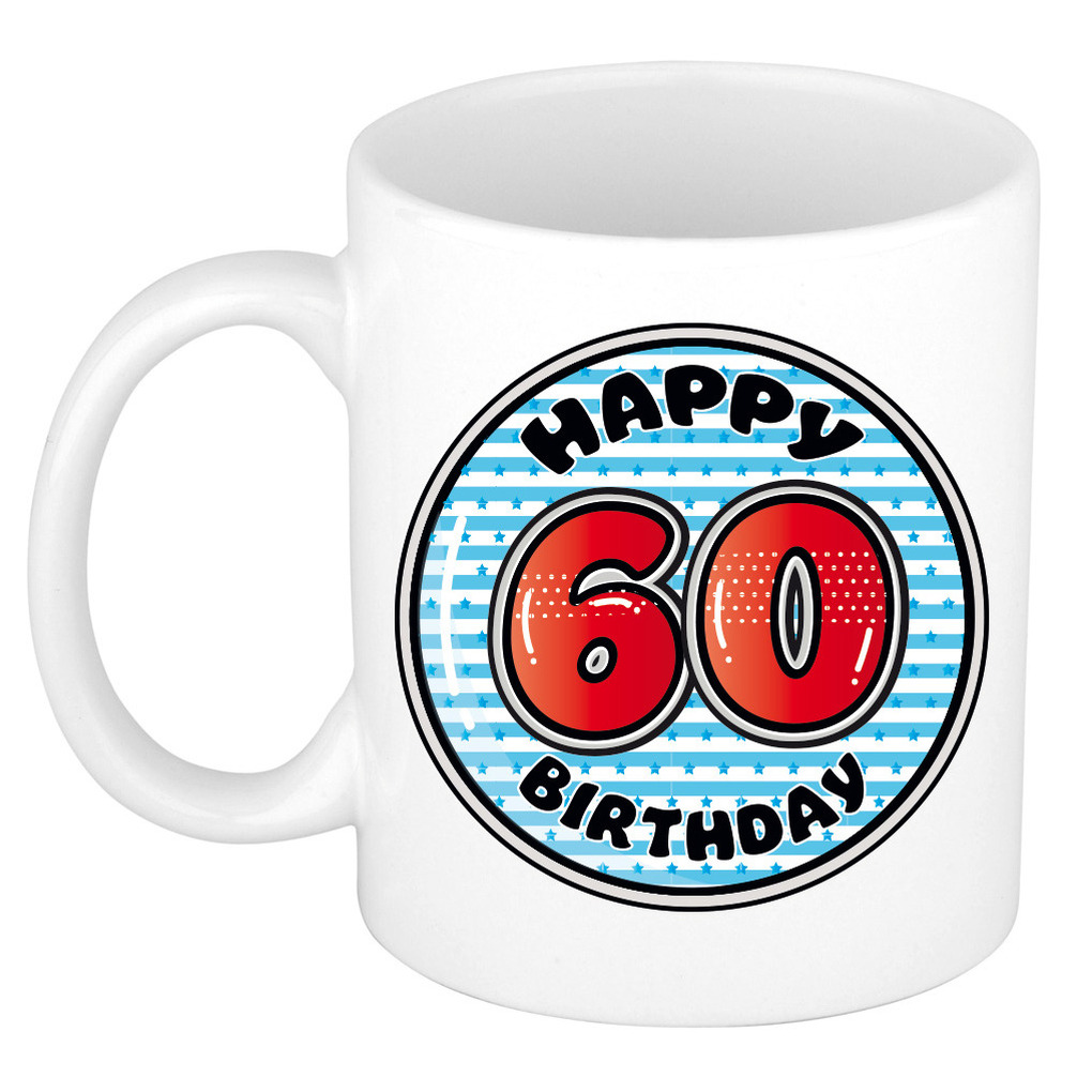Verjaardag cadeau mok - 60 jaar - blauw - gestreept - 300 ml - keramiek -
