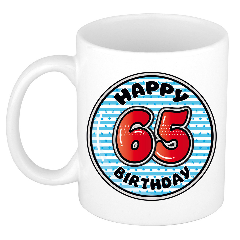 Verjaardag cadeau mok - 65 jaar - blauw - gestreept - 300 ml - keramiek -