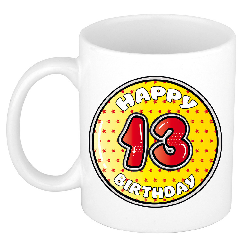 Verjaardag cadeau mok - 13 jaar - geel - sterretjes - 300 ml - keramiek -