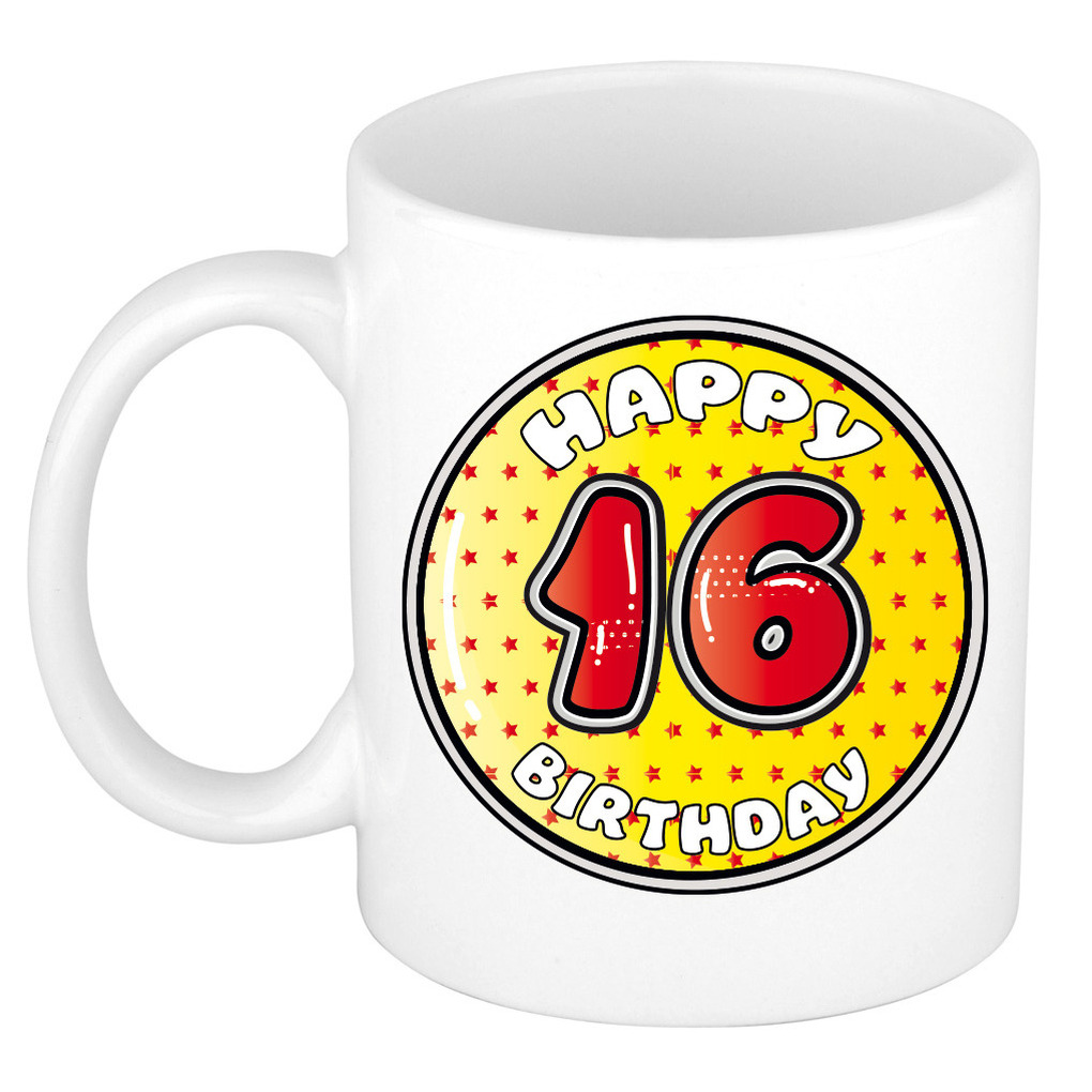 Verjaardag cadeau mok - 16 jaar - geel - sterretjes - 300 ml - keramiek -