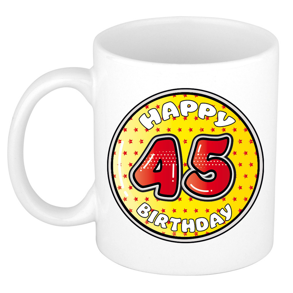 Verjaardag cadeau mok - 45 jaar - geel - sterretjes - 300 ml - keramiek -