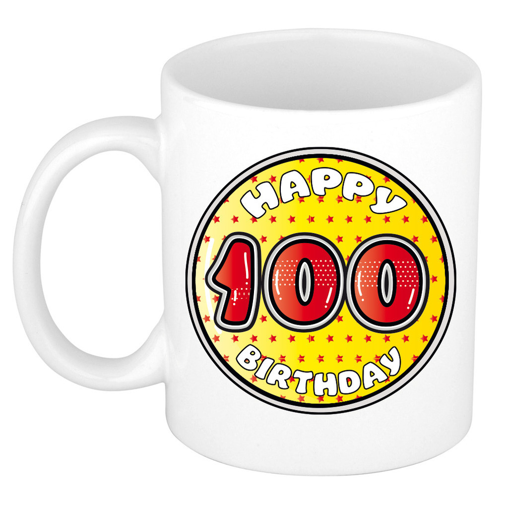 Verjaardag cadeau mok - 100 jaar - geel - sterretjes - 300 ml - keramiek -