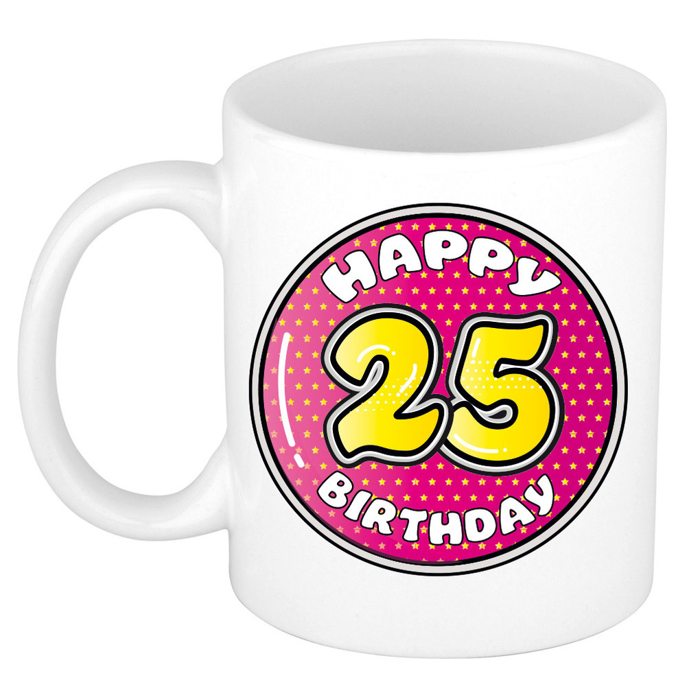 Verjaardag cadeau mok - 25 jaar - roze - 300 ml - keramiek -