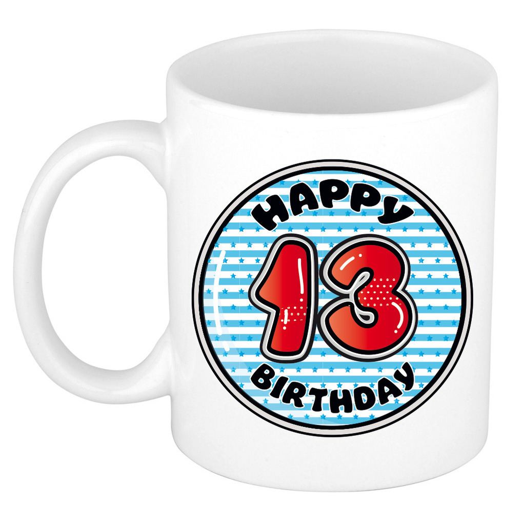 Verjaardag cadeau mok - 13 jaar - blauw - gestreept - 300 ml - keramiek -