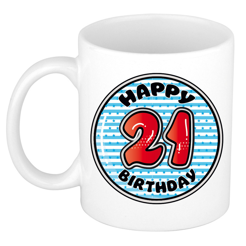 Verjaardag cadeau mok - 21 jaar - blauw - gestreept - 300 ml - keramiek -